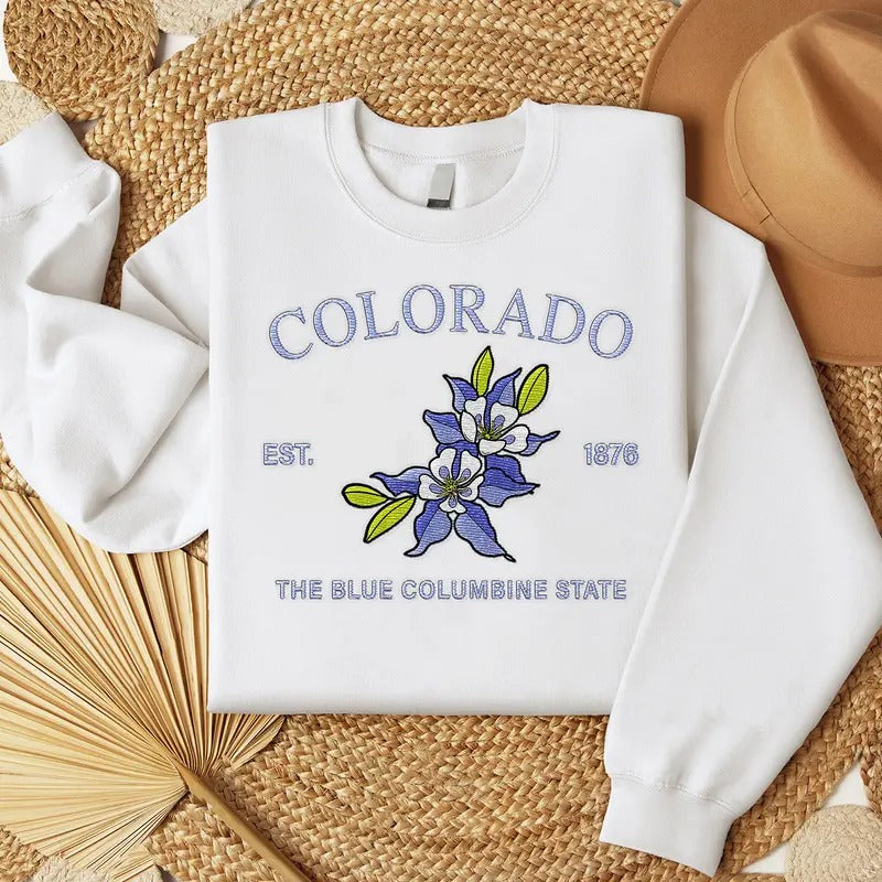 Colorado Blue Columbine Embroidered State Flower Sweatshirt, Hometown Embroidered Shirt, Favorite Flower Embroidered Shirt