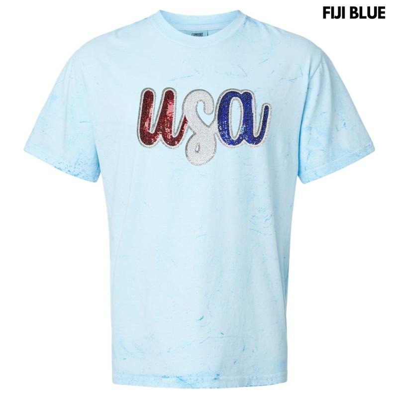 Colorblast - USA Red White & Blue Sequin Patch Colorblast Comfort Colors T-Shirt
