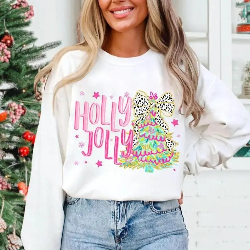 Colorful Glitter Holly Jolly Sweatshirt, Christmas T-Shirt, Glitter Coquette Christmas Tree T-Shirt, Christmas Coquette Sweatshirt