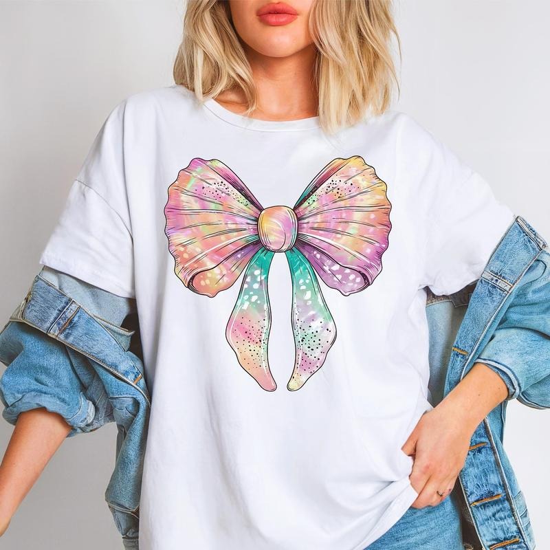 Colorful Rainbow Seashell Coquette Bow Shirt, Beach Summer Girls Vacation Tee, Coastal Beach Summer Vibes Shirt, Gift For Her