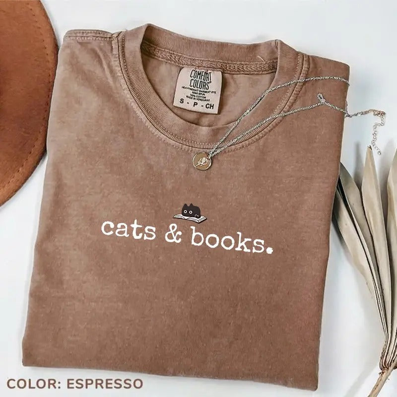 Comfort Color Cats And Books Shirt, Book Lover Tee, Bookish Tee, Reading Shirt, Gift For Cat Lover, Bookish Gift, Librarian Shirt