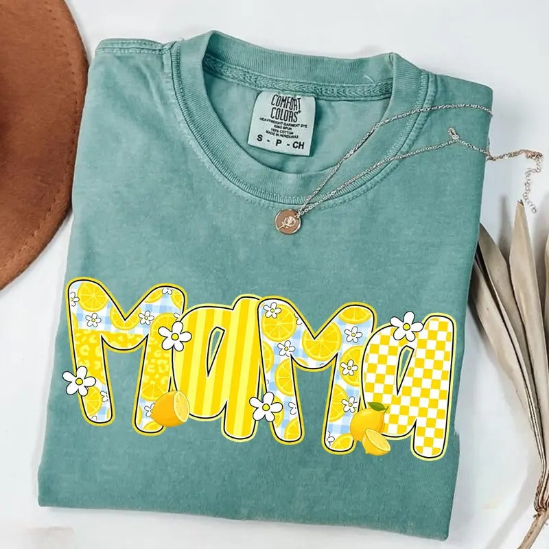 Comfort Color Preppy Mama Lemon T-shirt, Cute Lemon Floral Mama Tee, Mothers Day, Summer Mama, Mom Summer Sublimation T-shirt