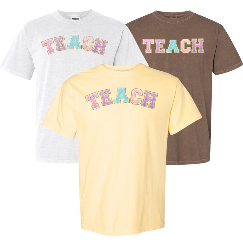 Comfort Colors 'Teach' Letter Patch T-Shirt for Men Spring Personalized Purple Pink White Top Students Love