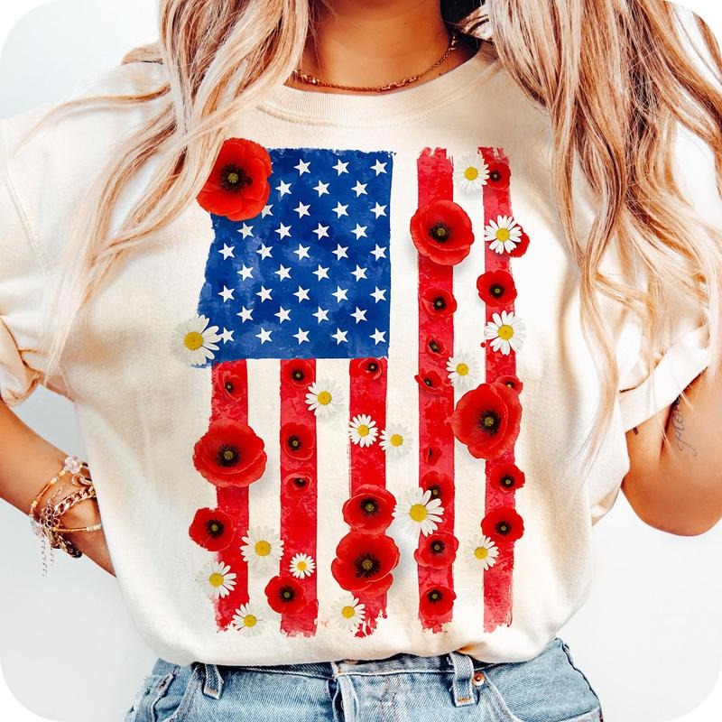 Comfort Colors American Flag T-Shirt, 4th of July T-Shirt, 4th Of July T-Shirt, floral America USA Shirt, Patriotic TShirt, Girly Shirt, USA T-Shirt