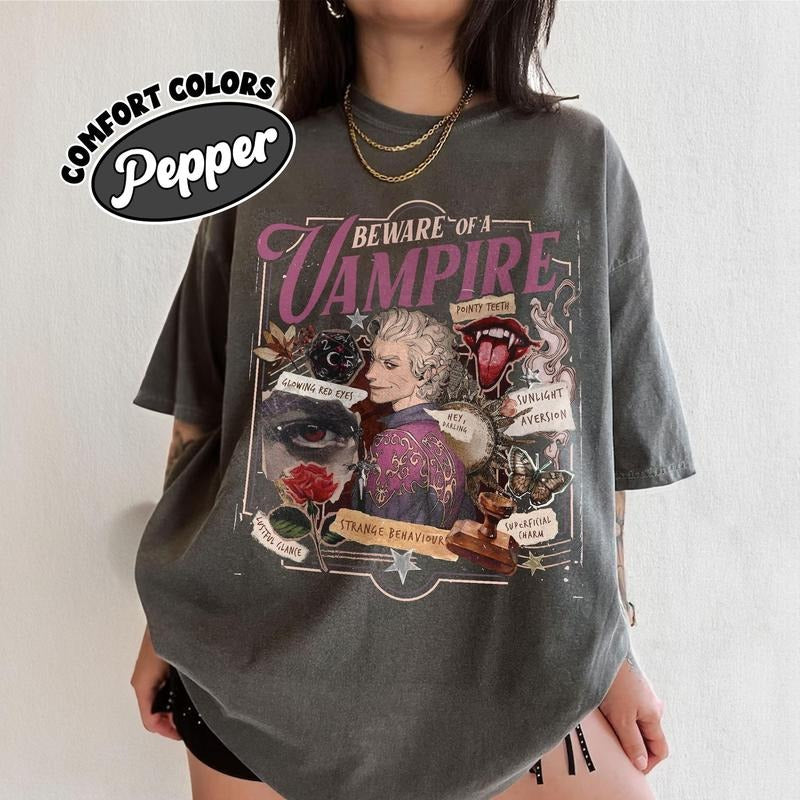 Comfort Colors Beware Of A Vampire T-Shirt, Funny Astarion Game Fan T-Shirt, Astarion Dark Humor BG3 Apparel, High Elf Game