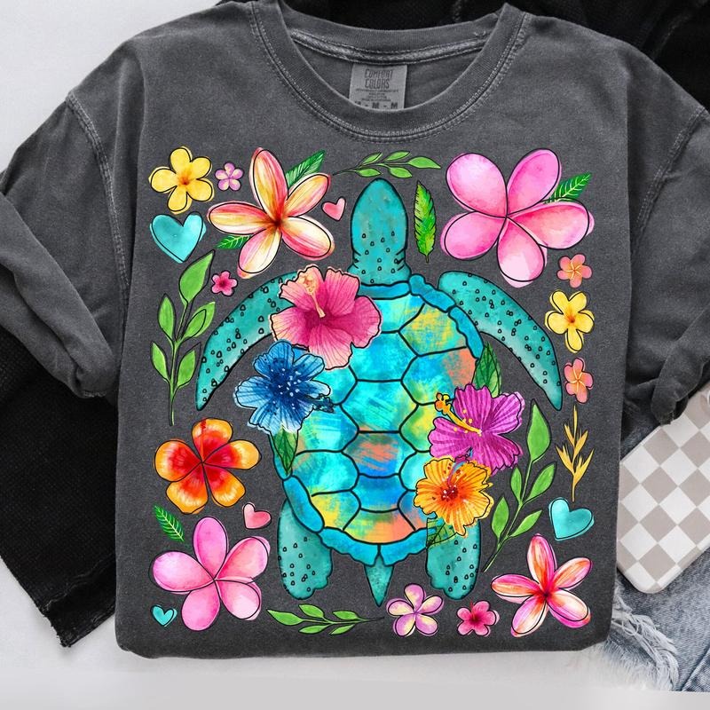 Comfort Colors Boho Floral Sea Turtle T-Shirt, Summer T-Shirt, Brushstroke Turtle Shirt, Beach T-Shirt, Fisherman Aesthetic TShirt