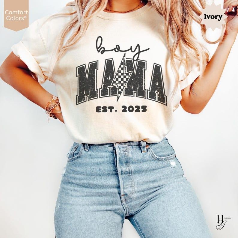 Comfort Colors Boy Mom T shirt Custom Est Date Tee New Mama Lighting Bolt Shirt First Time Mom Mothers Day Gift Expecting Mom Baby Shower