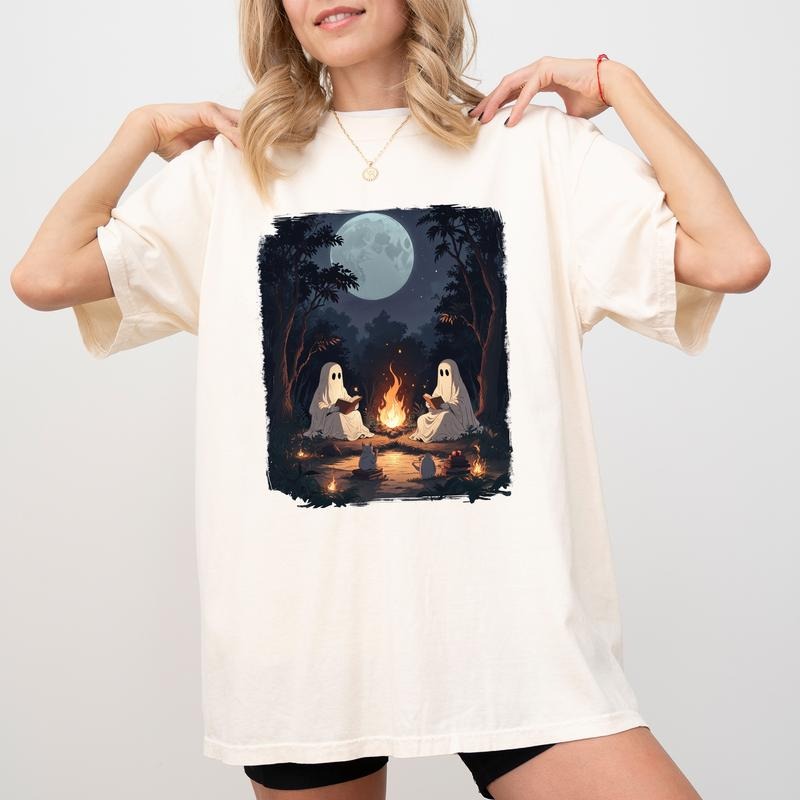 Comfort Colors Camping Halloween Ghost Reading Book Shirt, Ghost Reading Graphic Printed Tee, Halloween Read In Peace Unhinged Shirt, Book Lover Halloween Tee, Teacher Halloween Gifts, Women's Top, Womenswear, Cotton Fabric Relaxed Fit Chic Style