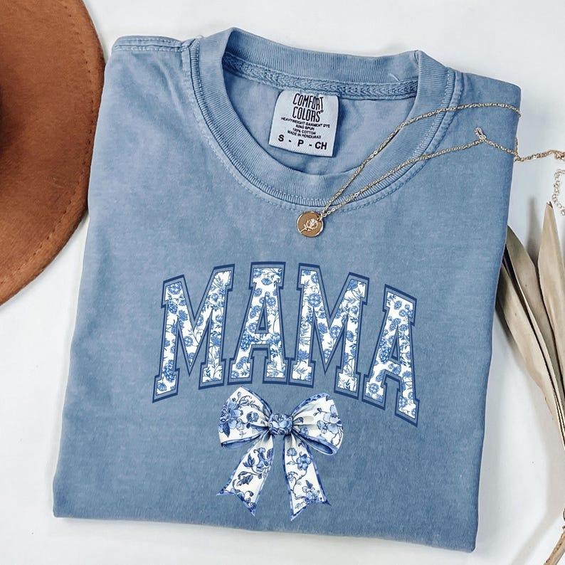 Comfort Colors Coquette Bow Mama T-Shirt, Coquette Blue Bow Shirt, Floral Mama T-Shirt, Mother's Day Gift, Mama Shirt, New Mom Gift