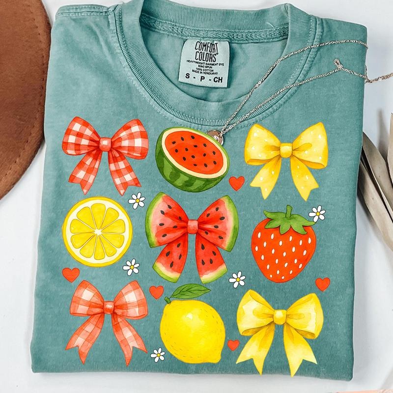 Comfort Colors Coquette Watermelon T-Shirt, Summer fruit Shirt, Mama Lemon Bow Shirt, Summer Vibes T-Shirt, Cute Strawberry Floral Shirt