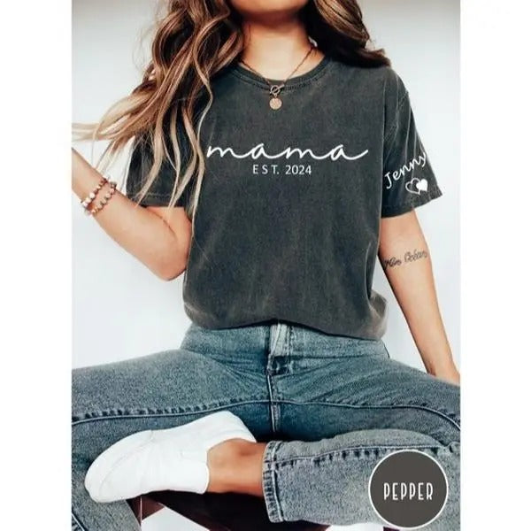 Comfort Colors Custom Mama Shirt with Kid Name on Sleeve,Personalized Mom Shirt,New Mom Gift,Gift for mom,Mothers Day,Pregnancy Announcement