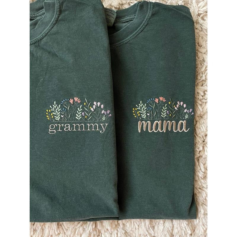 Floral Mama Embroidered Adult T-Shirt // Mama Shirt // Grandma Shirt // Comfort Colors Embroidered Shirt