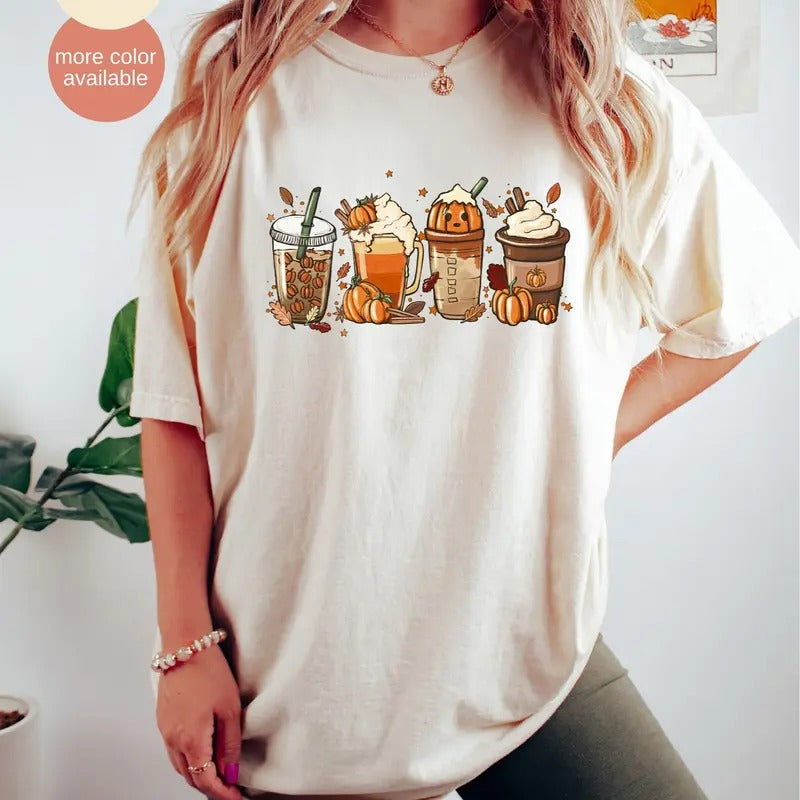 Comfort Colors Fall Coffee Pumpkin T-Shirt, Halloween Shirt, Coffee Latte Shirt, Fall Shirt, Retro Halloween Shirt, Pumpkin Shirt Cotton Fabric Top Traditional