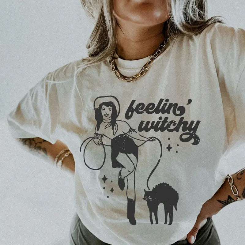 Comfort Colors Feelin Witchy Shirt, Halloween Tee, Spooky Season, Retro Shirt, Western Tee