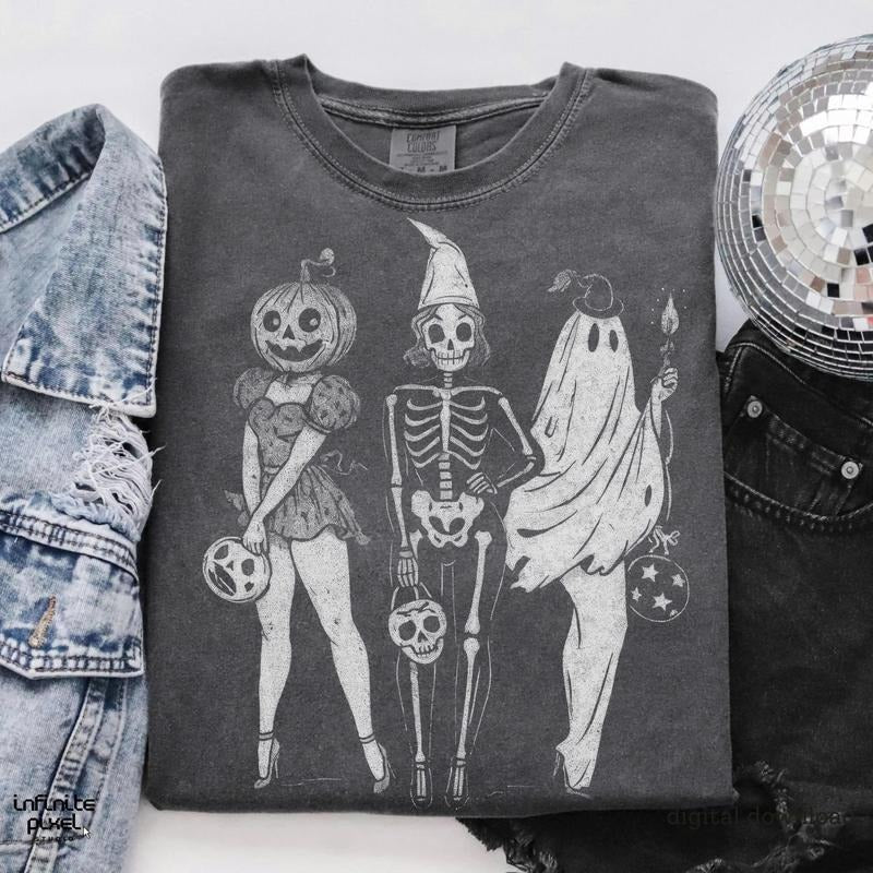 Comfort Colors Halloween Spooky Girl Squad Skeleton Ghost Pumpkin Witchy Fall Shirt Retro Halloween Sublimation Spooky Season Gift Halloween Gift