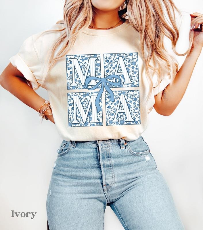 Comfort Colors Mama Floral Shirt, Boy Mama Gifts, Mama Bow Coquette, Blue Chinoiserie, Mama Crewneck Tees, Mother's Day Shirts Boy Mama, New Boy Mama Gift