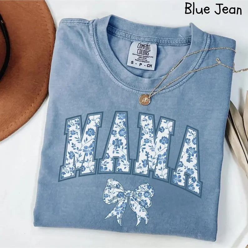 Comfort Colors Mama T-Shirt, Blue Ribbon Shirt, Mothers Day Gift, Girly Aesthetic Gift For Mom, Cute Mom Shirt, Bow Shirt, Chinoiserie Shirt
