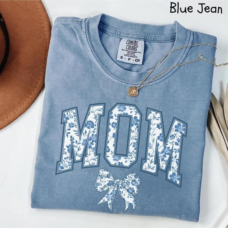 Comfort Colors Mom T-Shirt, Blue Ribbon T-Shirt, Mothers Day Gift, Girly Aesthetic Gift For Mom, Cute Mom T-Shirt, Bow T-Shirt, Chinoiserie Shirt