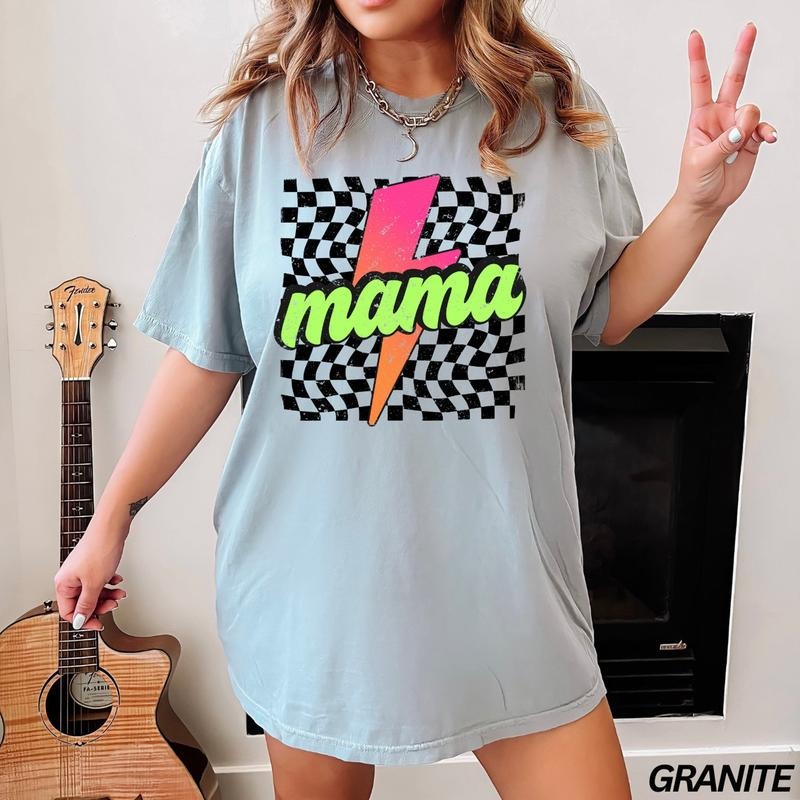 Comfort Colors Neon Mama Shirt, Checkered Mama Shirt, Lightning Bolt Shirt, Mothers Day Gift, Retro Checkered Mom Tshirt, Tee, Gift for Her