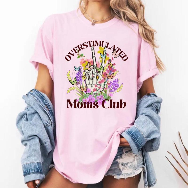 Comfort Colors Overstimulated Moms Club Shirt, Skeleton Aesthetic, Overstimulated Shirt, Flowers and Butterflies Shirt, Trendy For Mom Tee