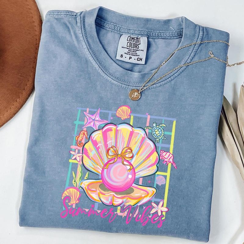 Comfort Colors Pearl Seashell Clam Bow Shirt, Summer Vibes Shirt, Coquette Pearl Bow Tee, Summer Girly T-Shirt, Pink Clam Shirt