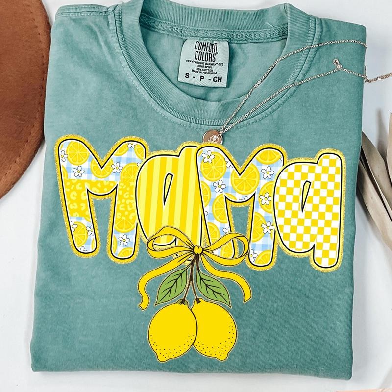 Comfort Colors Preppy Mama Lemon Coquette Bow T-Shirt, Cute Lemon Floral Mama Shirt, Everyday T-Shirt, Custom Preppy Mama, Summer Mama Shirt