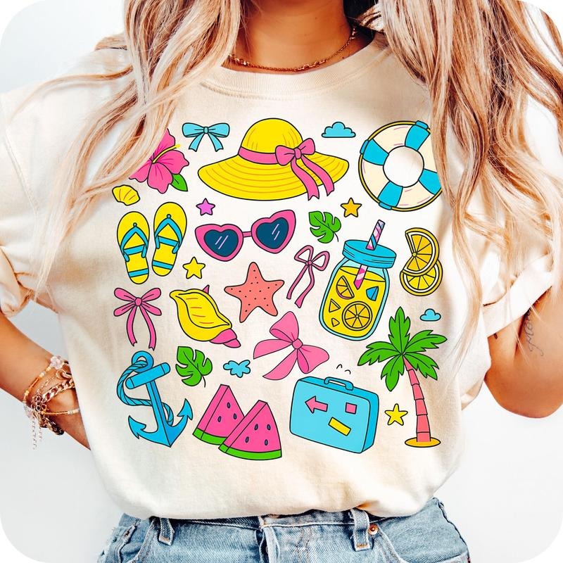 Comfort Colors Preppy Summer Vibes T-Shirt, Coastal Coquette Shirt, Beach Shirt, Retro Summer Shirt, Vacation T-Shirt, Girls Trip T-Shirt