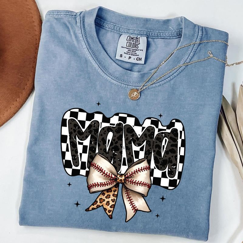 Comfort Colors Retro Baseball Mama Shirt, Baseball Coquette Shirt, Game Day Baseball Bow T-shirt, Checkered Mama Tee, Unisex T-Shirt