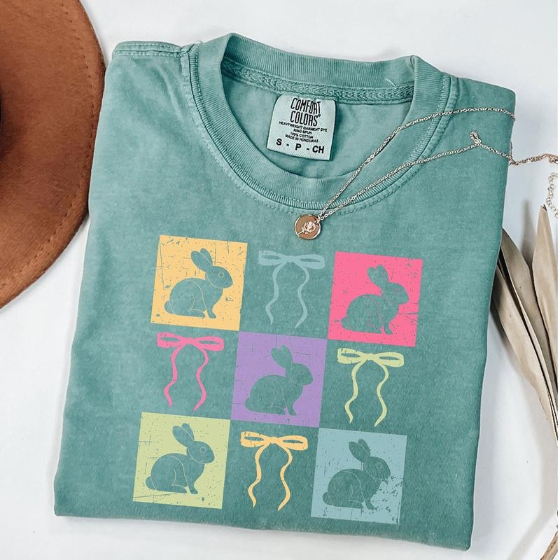 Comfort Colors Retro Checkered Easter Shirt, Easter Coquette Bow T-Shirt, Happy Easter Day Gift, Trendy Graphic Tee