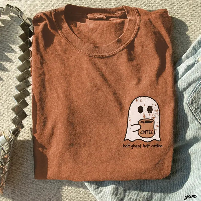 Comfort Colors Retro Cute Spooky Coffee Shirt, Half Ghost Half Coffee Pocket Tee, Spooky Season, Fall Coffee Lover Gift for Her, Halloween