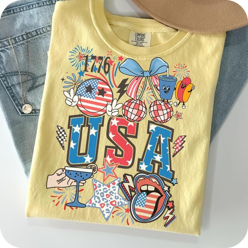 Comfort Colors Retro Grunge USA Coquette T-Shirt, 4th of July Shirt, America Brushstroke T-Shirt, Preppy America TShirt, 1776 T-Shirt