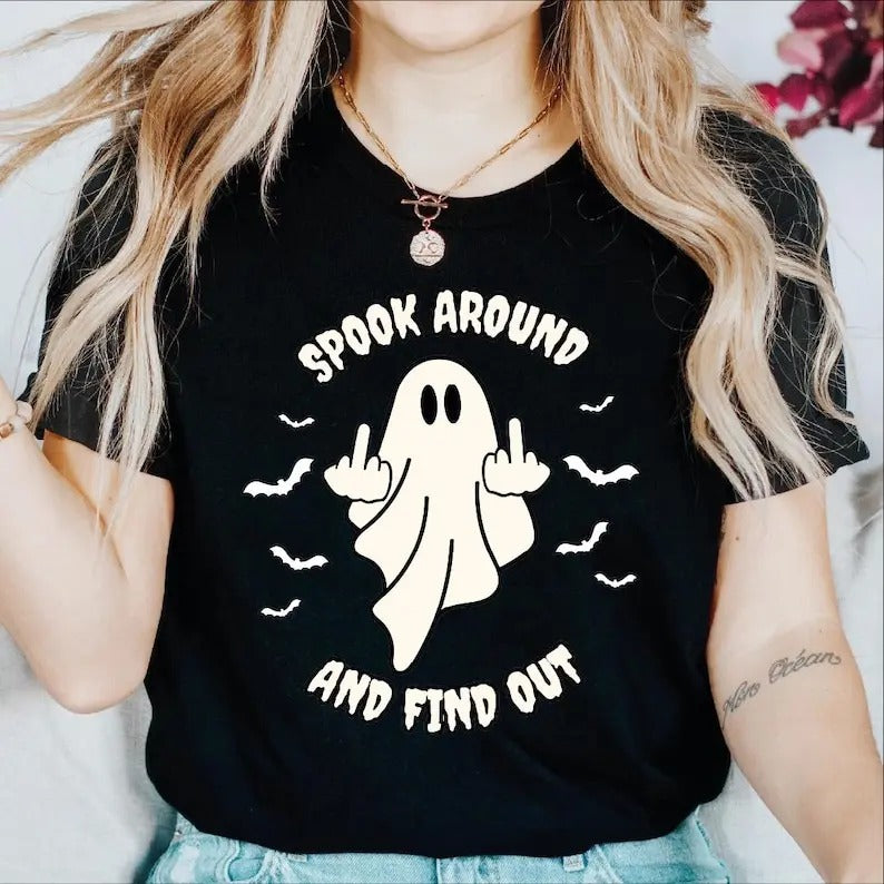 Comfort Colors Spook Around and Find Out Shirt, Spooky Season Tee, Spooky Ghost Shirt, Halloween Ghost Shirt Top Traditional