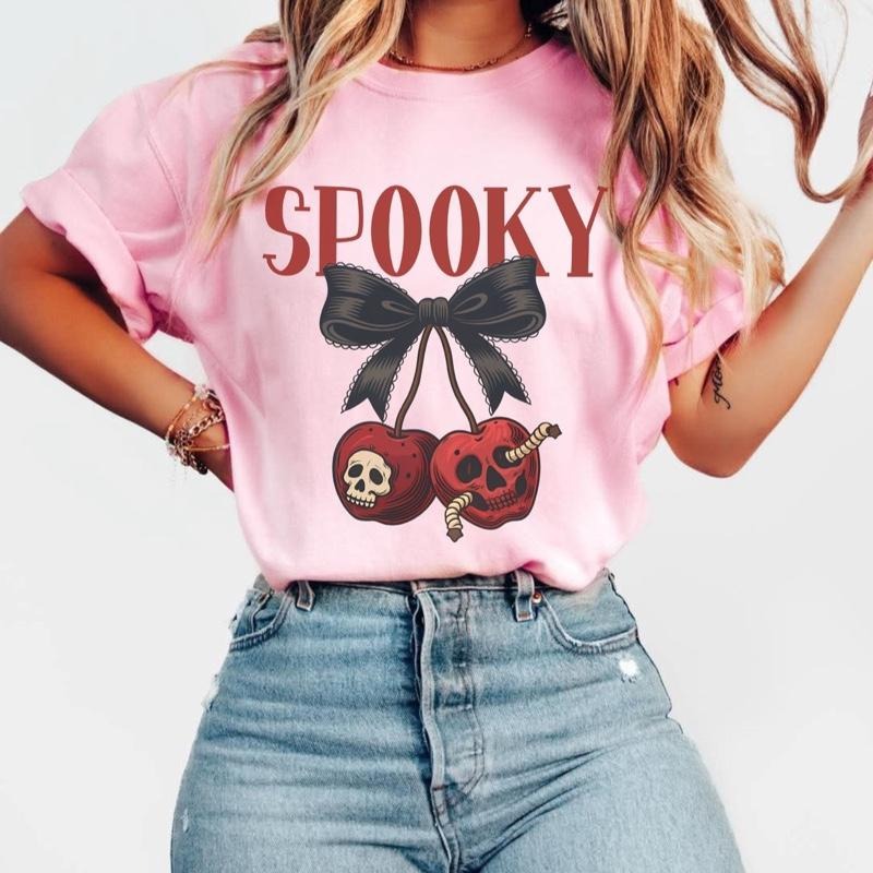 Comfort Colors Spooky T-Shirt with Skull Cherries Design and Black Bow Graphic - Womenswear Casual Shortsleeve Tshirt
