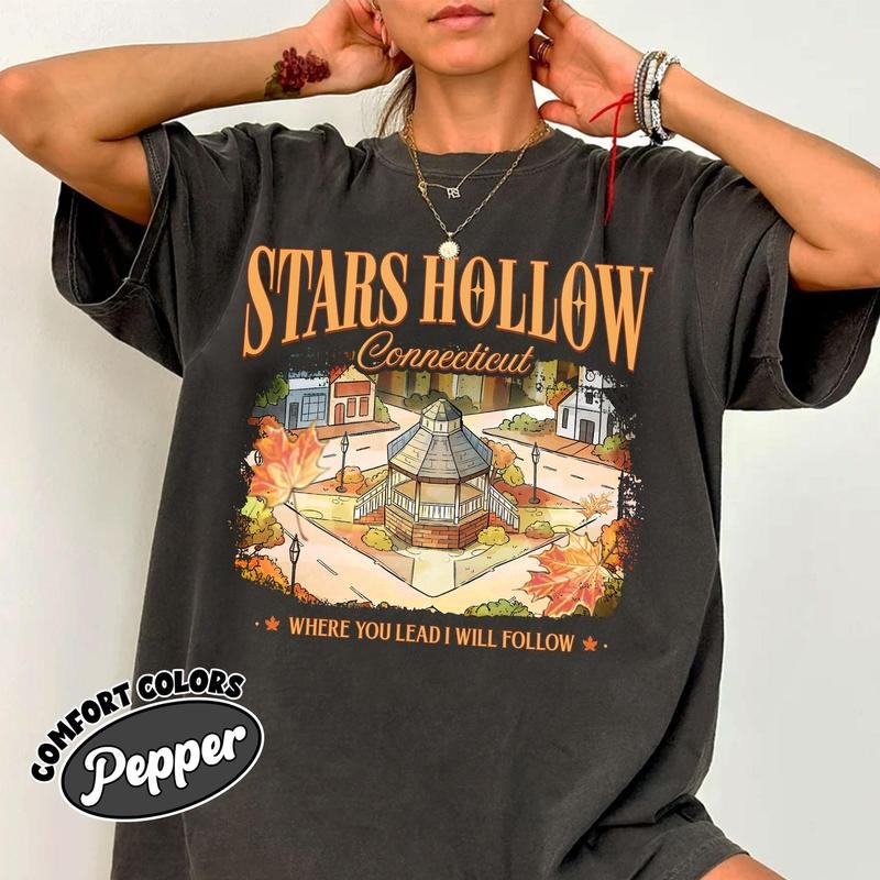 Comfort Colors Stars Hollow Connecticut T-Shirt, Autumn Festival T-Shirts, Lukes Dinner Tee, Where You Lead I Will Follow, Book Lover Gift