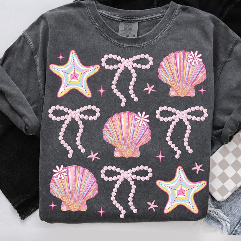 Comfort Colors Summer Clam Coquette T-Shirt, Summer Vibes Pink Clam Shirt, Summer Beach Shirt, Summer Clam Bow T-Shirt