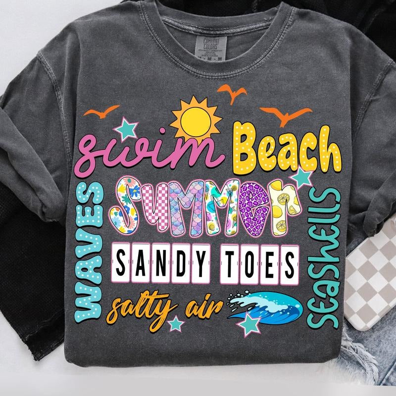 Comfort Colors Summer Waves T-Shirt, Sandy Toes Summer T-Shirt, Seashells and Sunshine Shirt, Retro Beach Preppy, Ocean Waves Beach T-Shirt