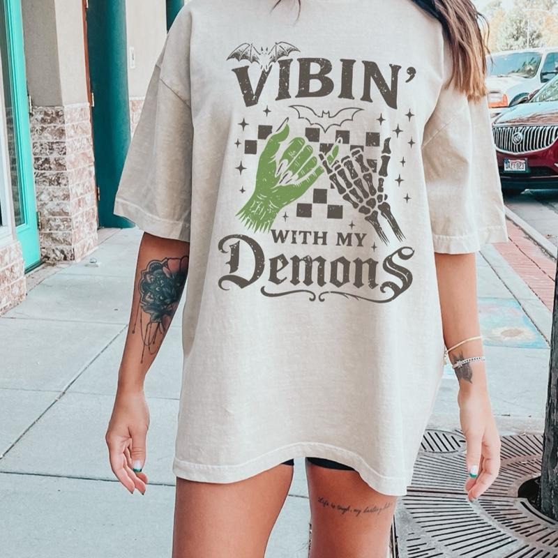 Comfort Colors Vibin' with My Demons Women's Short Sleeve Casual Cotton Graphic Tshirt - Womenswearr