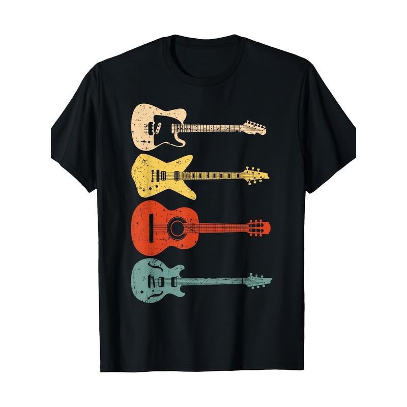 Cool Guitarist Art Graphic Tee, Unisex Vintage Acoustic Guitar Print, 100% Cotton, Basic Crew Neck, Regular Fit, Short Sleeve, Slight Stretch, Geometric Pattern, for Casual Wear Made in USA