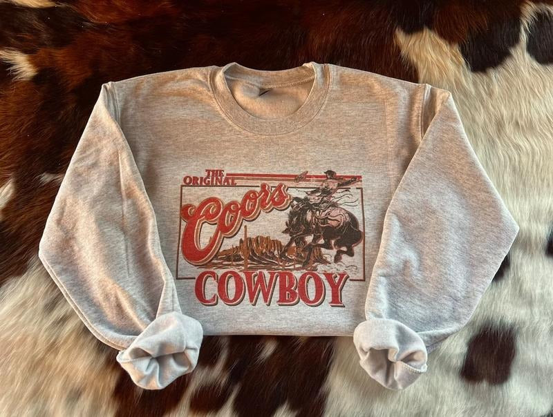 Coors Original Cowboy Heather Colors Sweatshirt, Western Hoodie, Rodeo Sweater, Long Sleeve, Casual Crewneck, Gift Menswear Tops Sand Classic Cotton