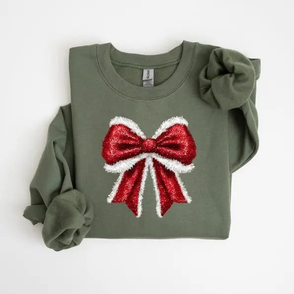 Coquette Bow Christmas Sweatshirt,hoodie, Christmas Bow T-Shirt, Cute Christmas sweatshirt, Girly Christmas Sweater, Faux Glitter Shirt, Holiday Gift