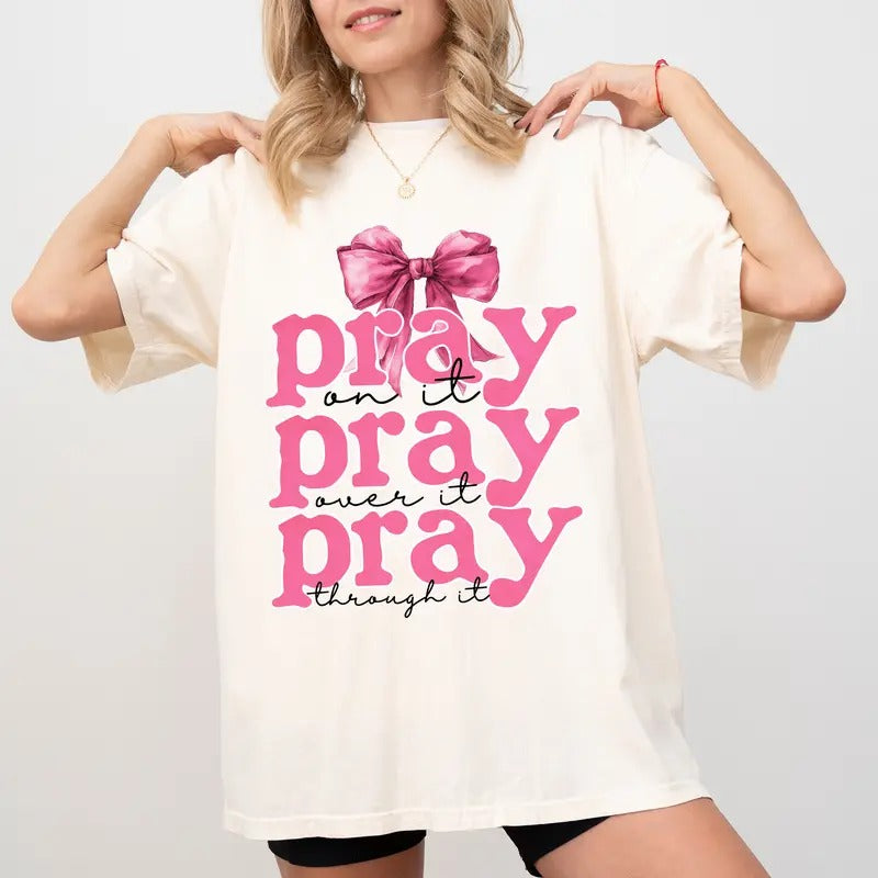 Coquette Bow Pink Comfort Colors Shirt, Pray On it Bible Verse Unisex Graphic Tee, Religious T-Shirt, Christian Gift