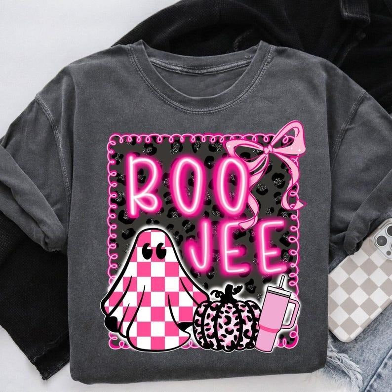 Coquette Halloween Pink Halloween Tshirt, Boo Jee Bow Frame Checkered Glitter Leopard Ghost Pumpkin Shirt, Trendy Graphic Tee Top Womenswear