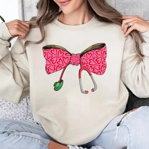 Coquette Nurse Stethoscope Bow Shirt, Valentine Gift For Nurse, Nurse Bow Shirt, Nurse Gift, Nurse Ribbon Shirt, Gift For Her Top Womenswear