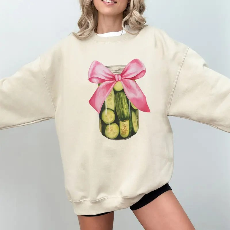 Coquette Pickle Sweatshirt, Pickle Lover Sweatshirt, Cherry Bow Sweatshirt, Coquette Bow Sweatshirt, Pink Bow, Aesthetic Sweatshirt, Ribbon, Pickles Jam Sweatshirt, Coquette Sweatshirt