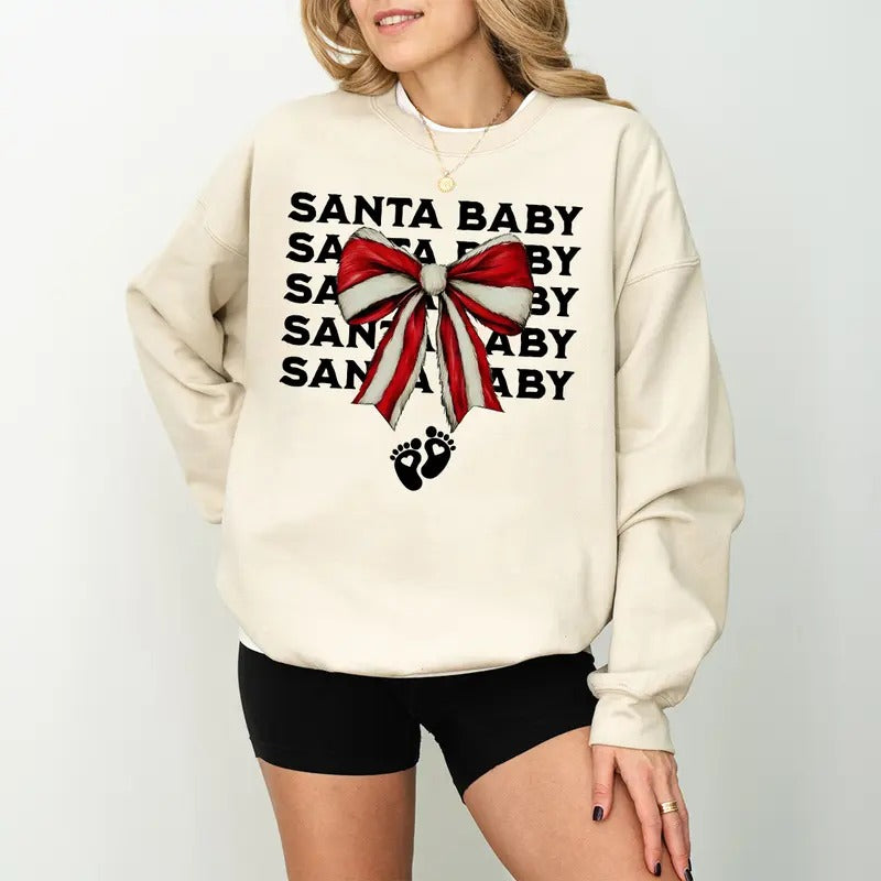 Coquette Santa Baby Sweatshirt Christmas Pregnancy Announcement Sweater, Coquette Bow Baby Reveal Sweater Maternity Outfit Expectant Mom Gift xmas