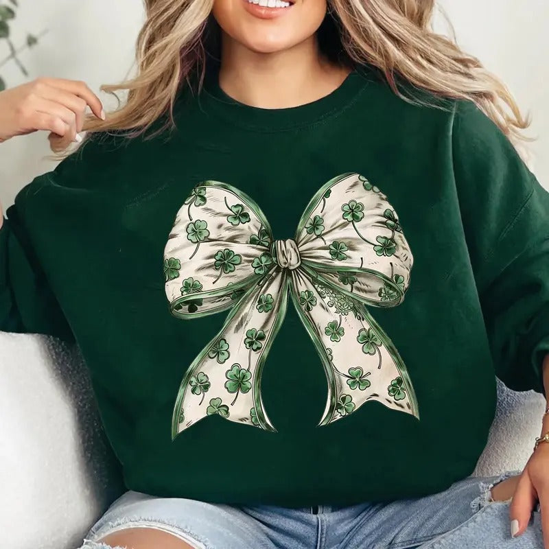 Coquette St Patrick's Day Sweatshirt, Bow St Patty's Day T-Shirt, Lucky Shamrock Tee Shirt, Lucky Charm Tee, Irish Four Leaf Clover Shirt