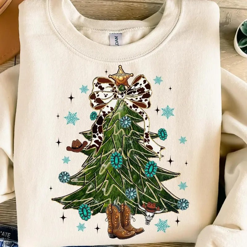 Coquette Turquoise Christmas Tree Crewneck Sweatshirt, Christmas Tree, Cowhide, Western Country, Christmas Cowgirl Shirt