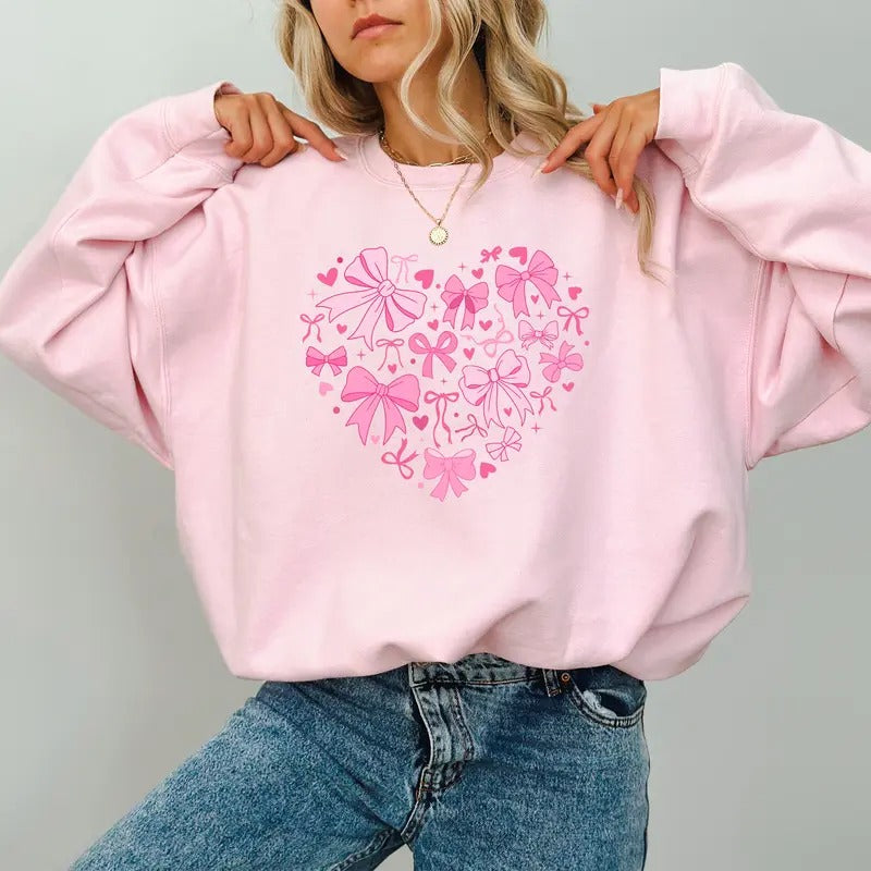 Coquette Valentine Heart Sweatshirt, Pink Bow Sweater, Xoxo Shirt, Valentine's Day Gifts, Loving Heart Long Sleeve Pullover