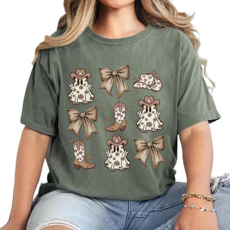 Coquette Western Ghosts and Bows Tee, Western Halloween Tshirt, Fall Spooky Season Shirt, Women's Tee, Cowgirl Ghost Shirt