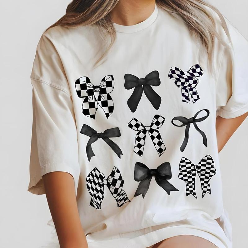 Coquette checkered black bow vintage-inspired t-shirt, easy to match, for men, for women